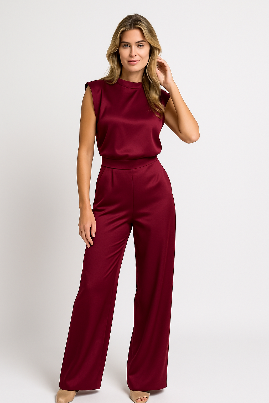 Dames Jumpsuit – Luxe Satijnlook, Mouwloos, Wijde Pijpen, Open Rug