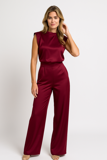 Dames Jumpsuit – Luxe Satijnlook, Mouwloos, Wijde Pijpen, Open Rug
