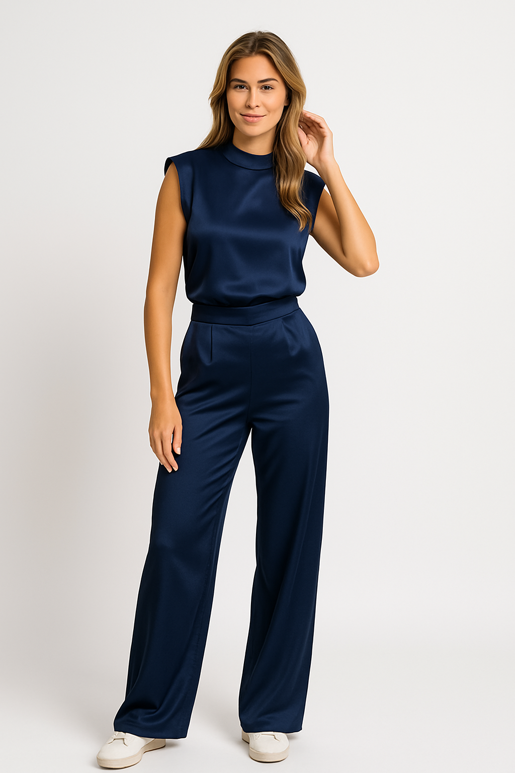 Dames Jumpsuit – Luxe Satijnlook, Mouwloos, Wijde Pijpen, Open Rug