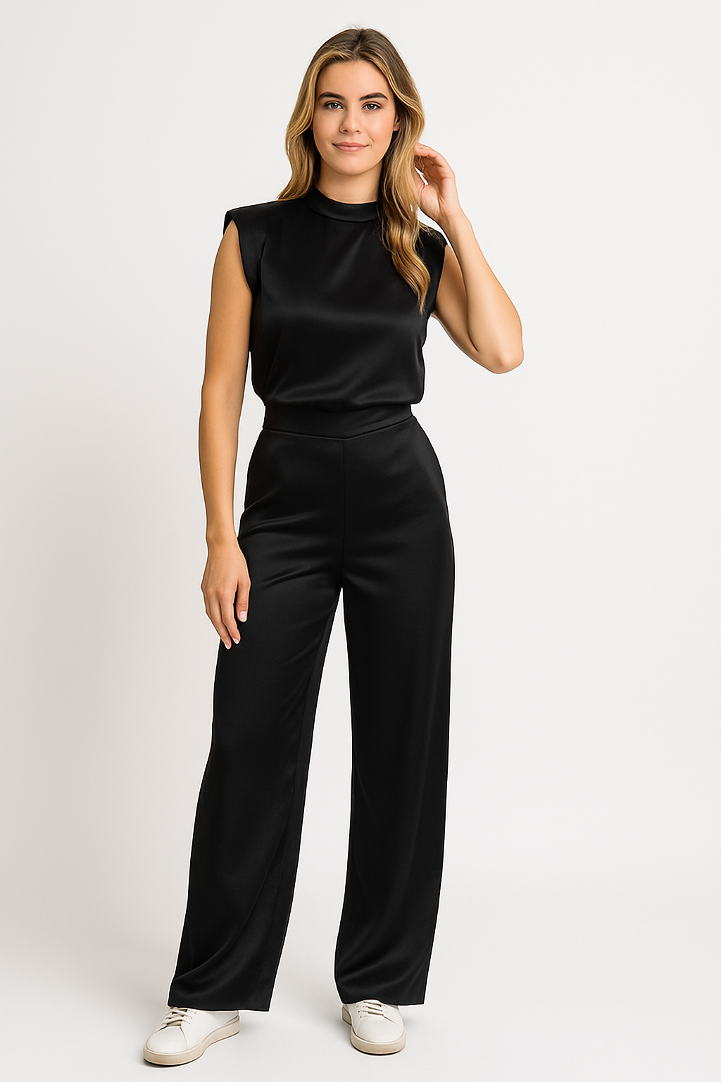 Dames Jumpsuit – Luxe Satijnlook, Mouwloos, Wijde Pijpen, Open Rug