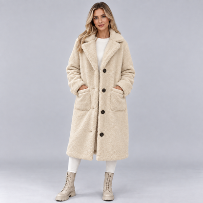 Lange Teddy Jas Voor Dames Met Reverskraag En Knoopsluiting
