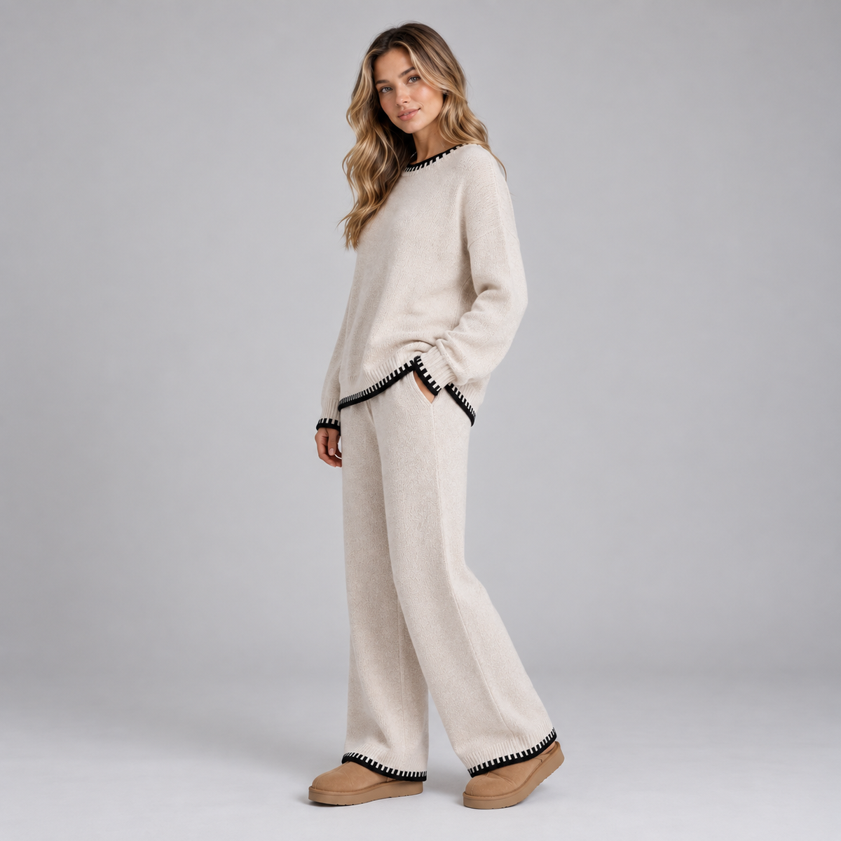 Gebreide Dames Set Met Contrastbies En Wijde Broek