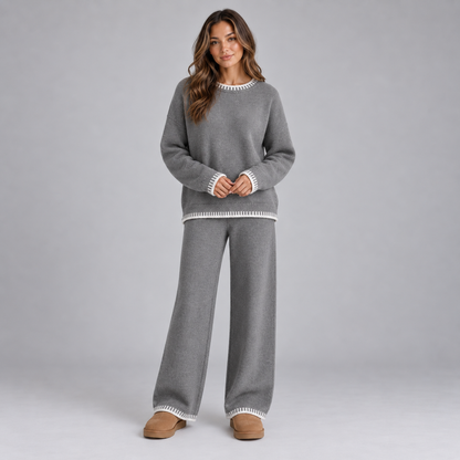 Gebreide Dames Set Met Contrastbies En Wijde Broek