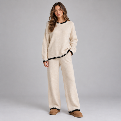 Gebreide Dames Set Met Contrastbies En Wijde Broek