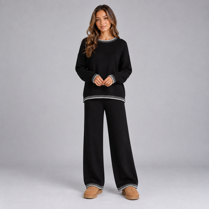 Gebreide Dames Set Met Contrastbies En Wijde Broek