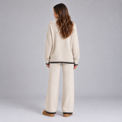 Gebreide Dames Set Met Contrastbies En Wijde Broek