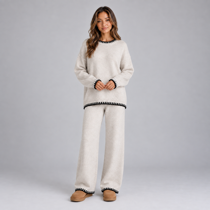 Gebreide Dames Set Met Contrastbies En Wijde Broek