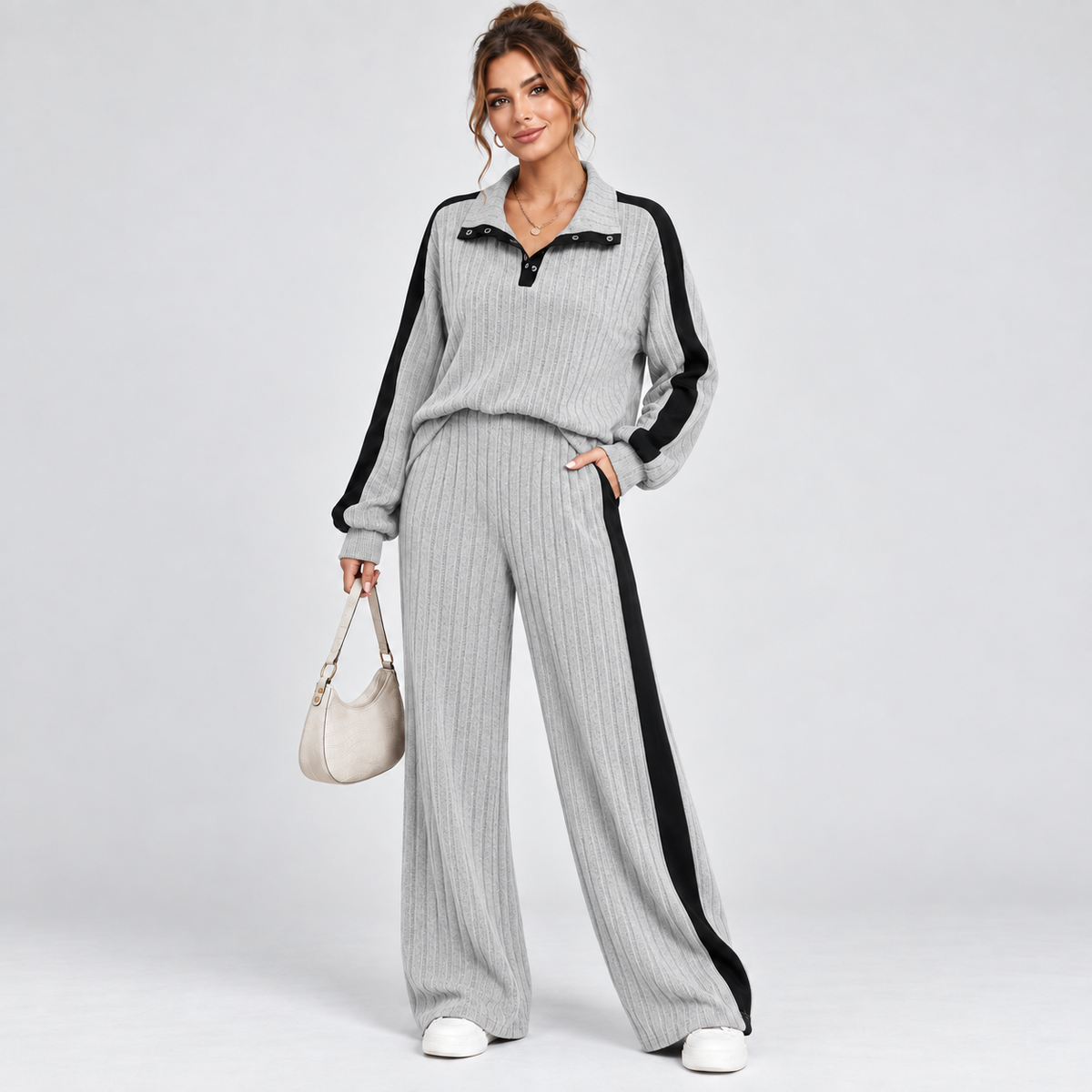 Gebreide Dames Co-Ord Set Met Wijde Pantalon En Contrastdetails