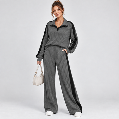 Gebreide Dames Co-Ord Set Met Wijde Pantalon En Contrastdetails