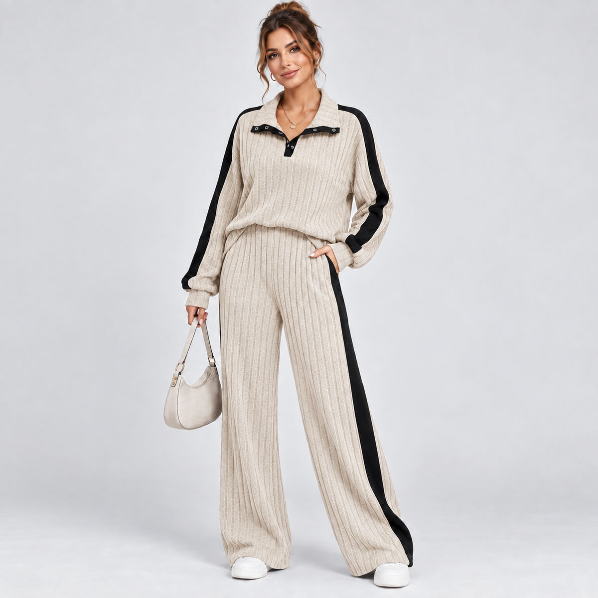 Gebreide Dames Co-Ord Set Met Wijde Pantalon En Contrastdetails
