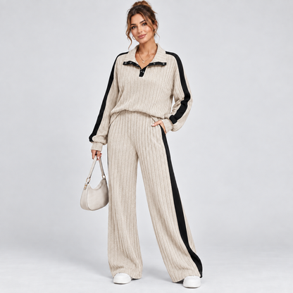 Gebreide Dames Co-Ord Set Met Wijde Pantalon En Contrastdetails