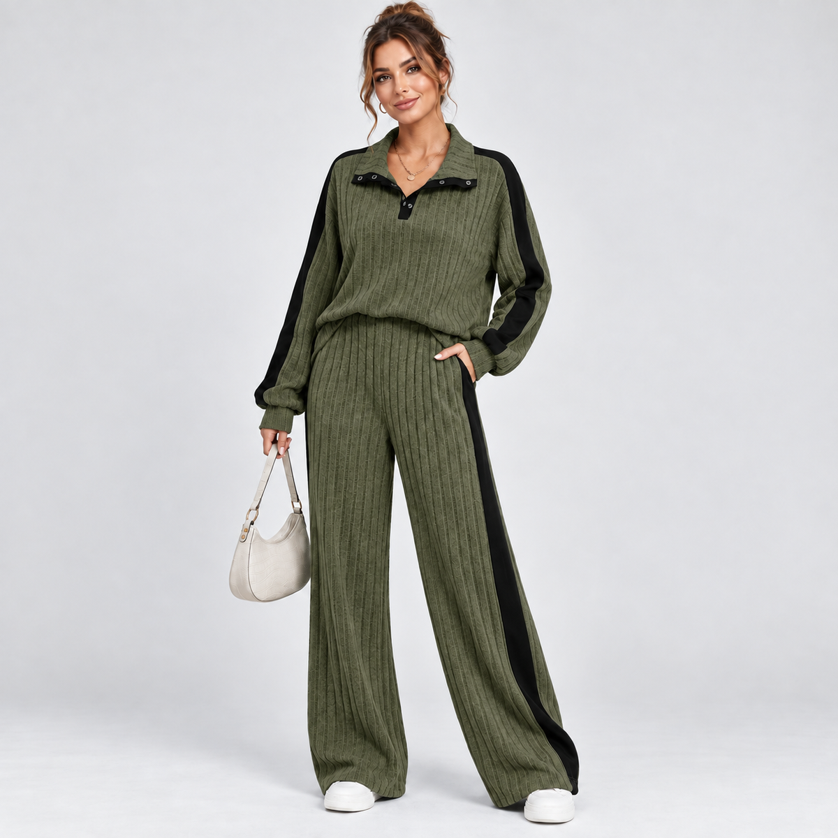 Gebreide Dames Co-Ord Set Met Wijde Pantalon En Contrastdetails