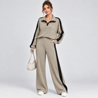 Gebreide Dames Co-Ord Set Met Wijde Pantalon En Contrastdetails
