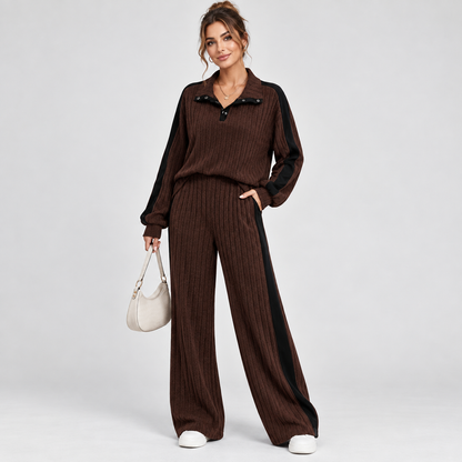 Gebreide Dames Co-Ord Set Met Wijde Pantalon En Contrastdetails