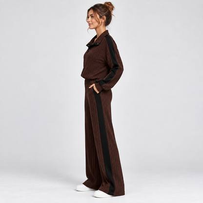 Gebreide Dames Co-Ord Set Met Wijde Pantalon En Contrastdetails