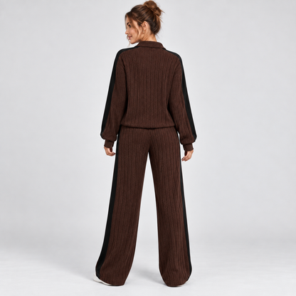 Gebreide Dames Co-Ord Set Met Wijde Pantalon En Contrastdetails