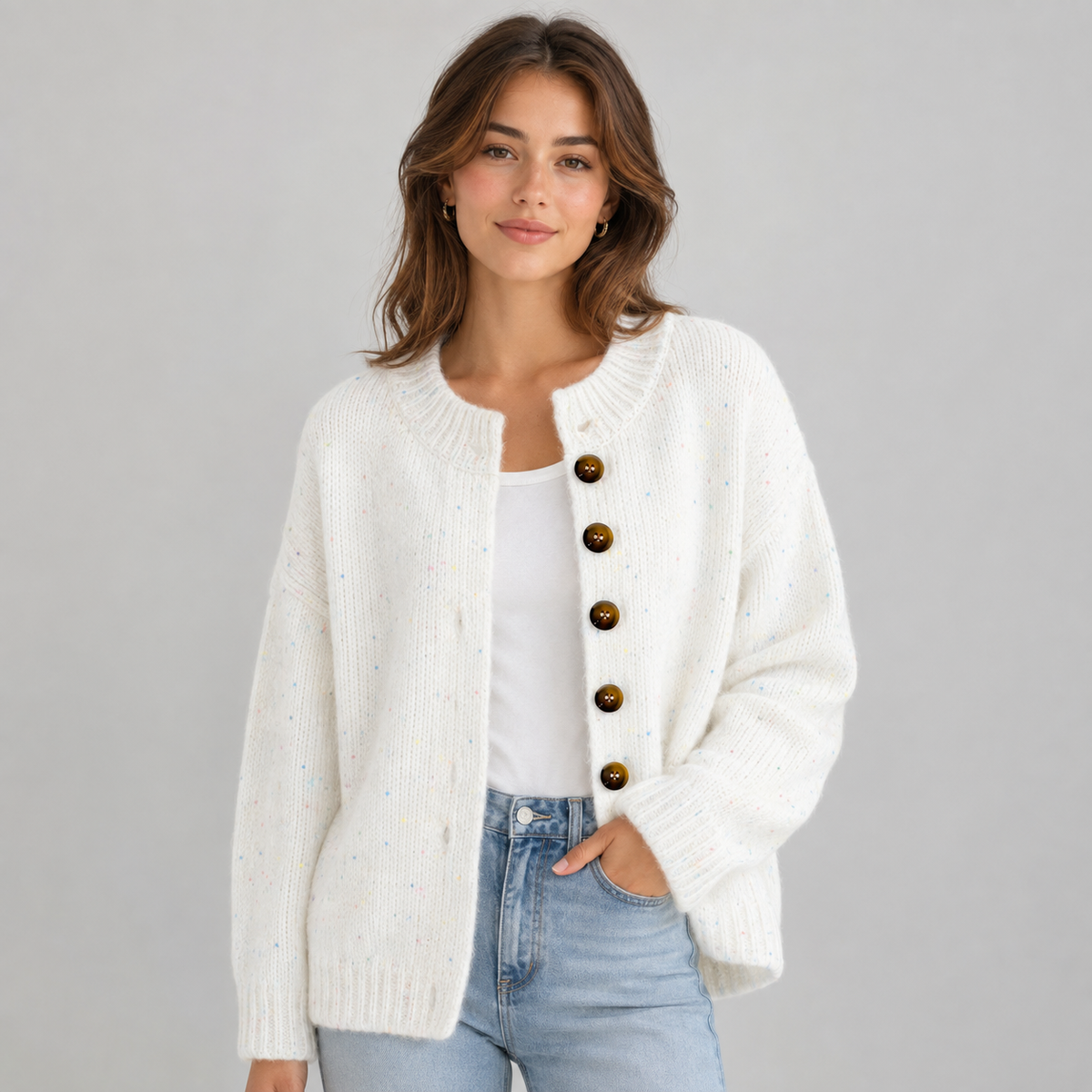 Gebreide Dames Cardigan Met Ronde Hals En Knopen