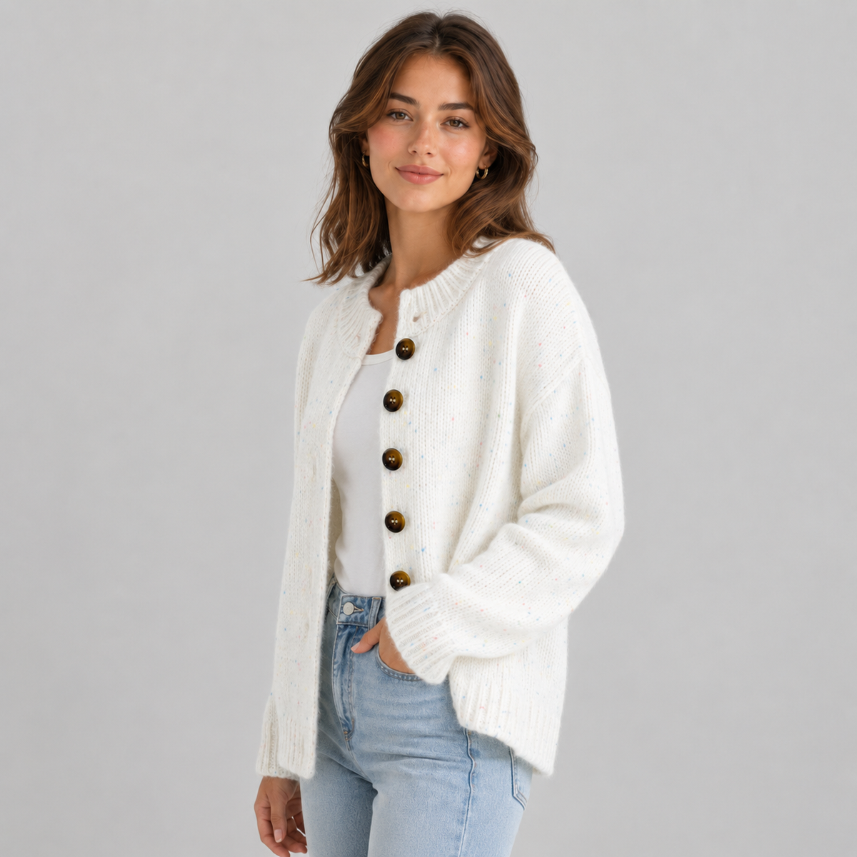 Gebreide Dames Cardigan Met Ronde Hals En Knopen