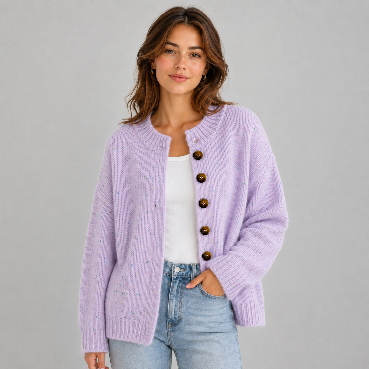 Gebreide Dames Cardigan Met Ronde Hals En Knopen