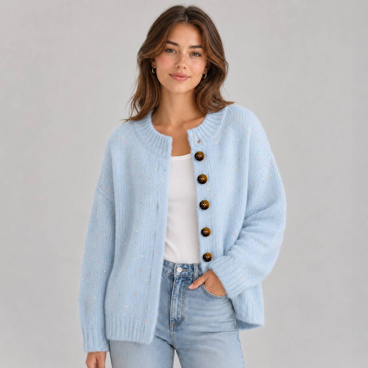 Gebreide Dames Cardigan Met Ronde Hals En Knopen