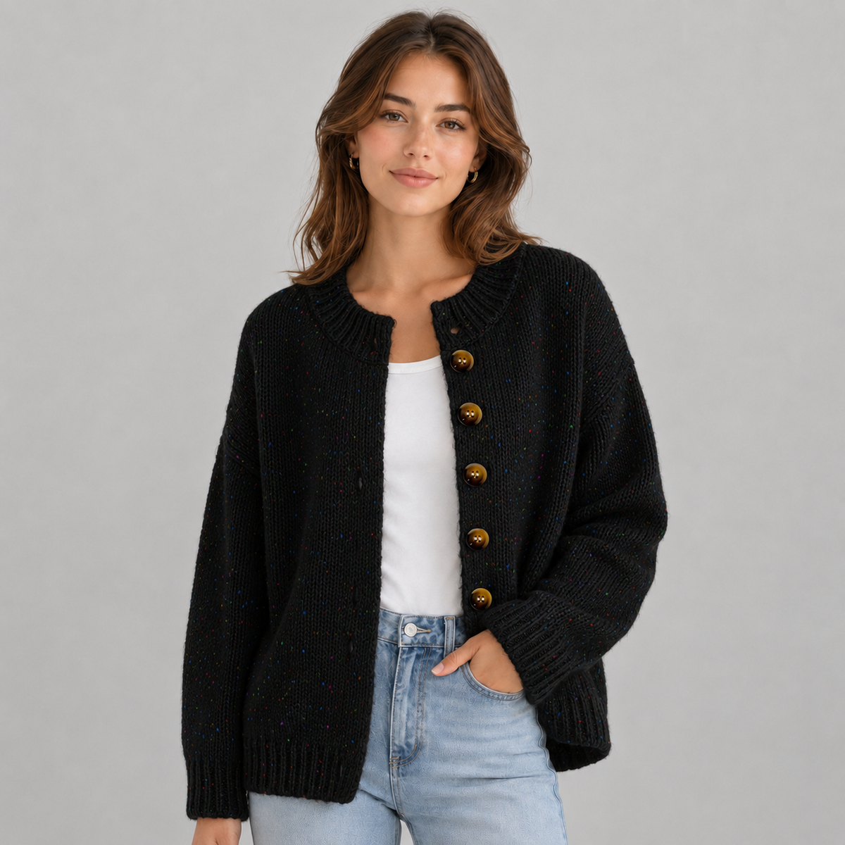 Gebreide Dames Cardigan Met Ronde Hals En Knopen