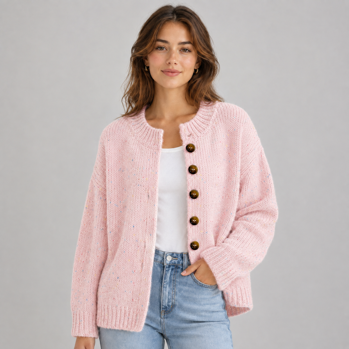 Gebreide Dames Cardigan Met Ronde Hals En Knopen