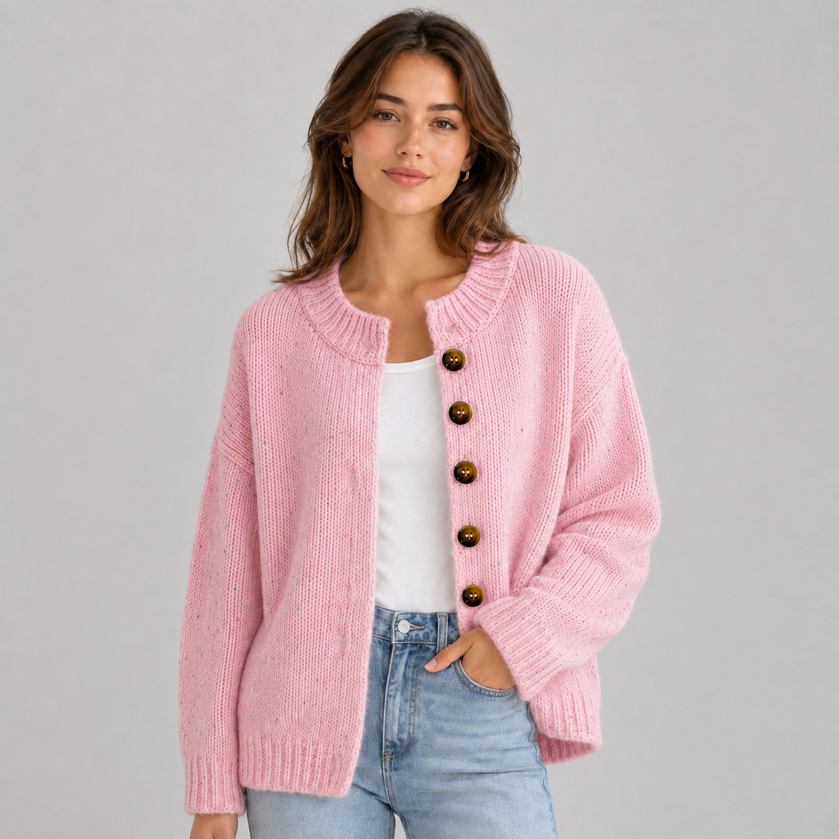 Gebreide Dames Cardigan Met Ronde Hals En Knopen