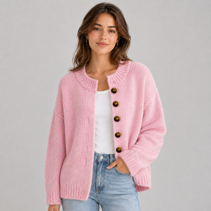 Gebreide Dames Cardigan Met Ronde Hals En Knopen