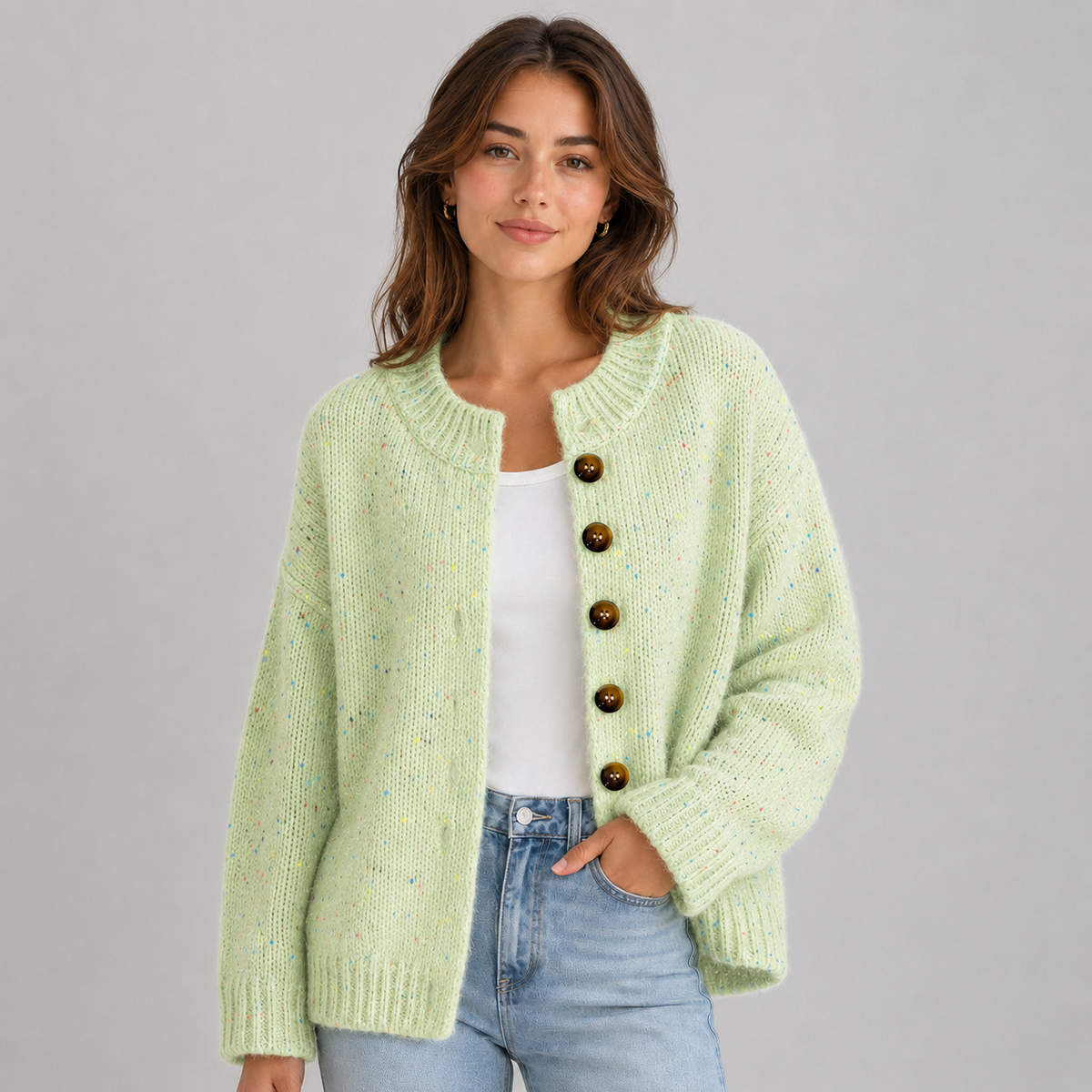 Gebreide Dames Cardigan Met Ronde Hals En Knopen