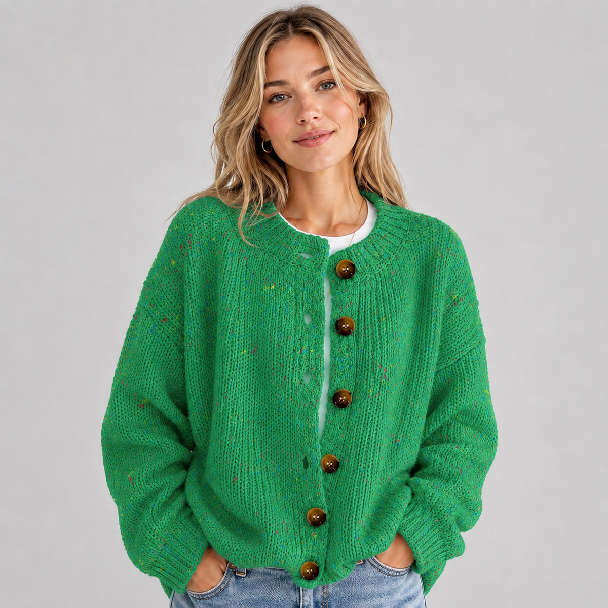Gebreide Dames Cardigan Met Ronde Hals En Knopen