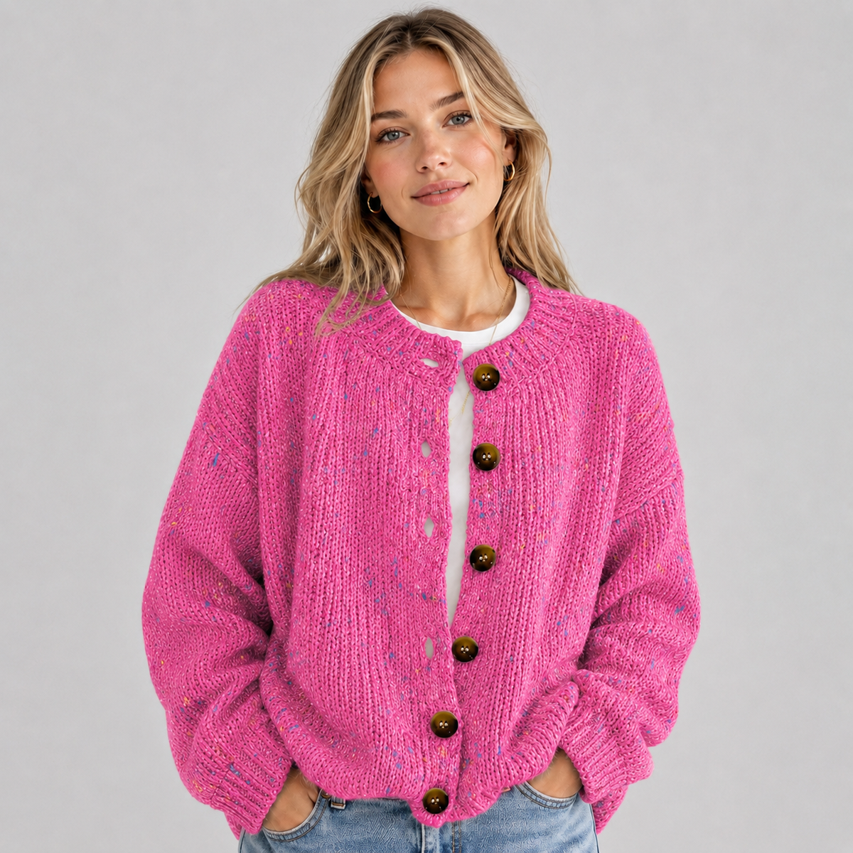 Gebreide Dames Cardigan Met Ronde Hals En Knopen