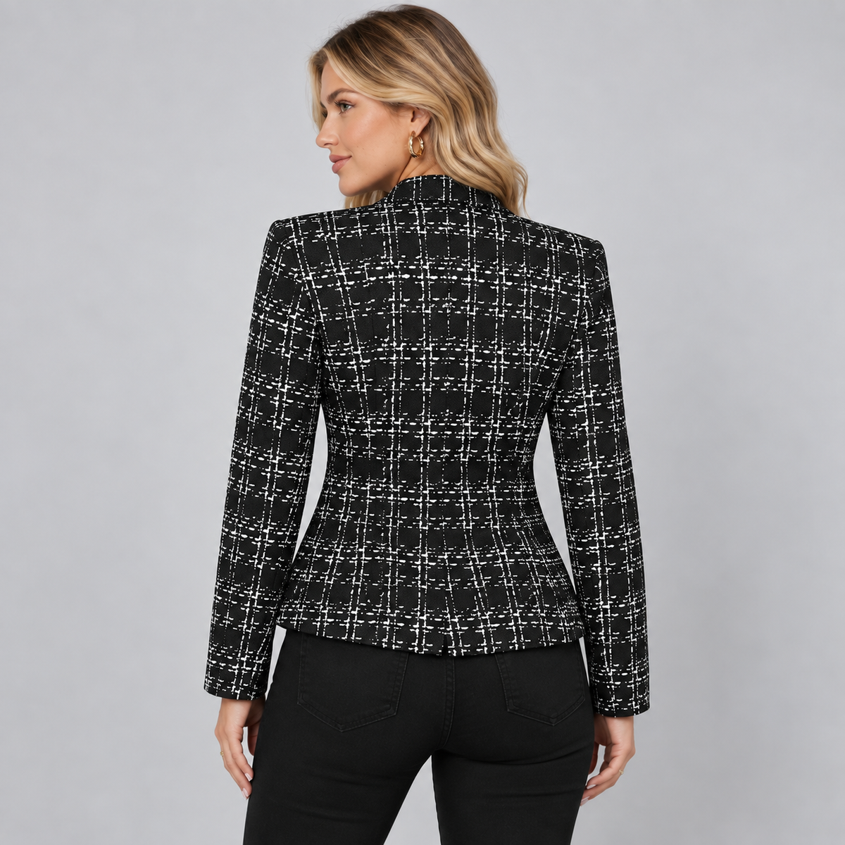 Chique Getailleerde Dames Blazer Met Geruit Patroon