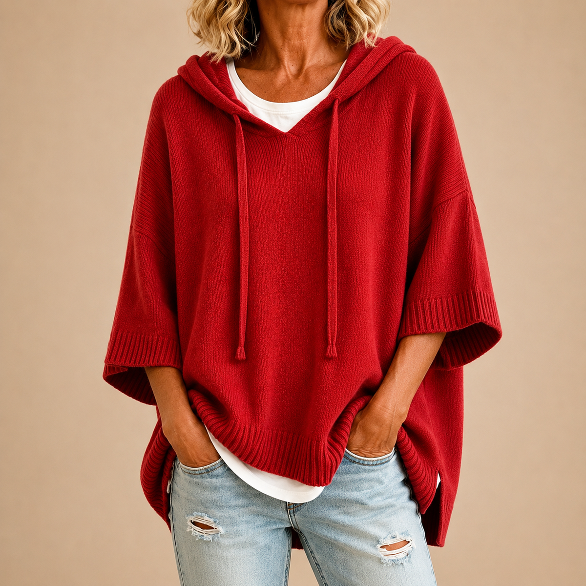 Oversized Gebreide Hoodie Voor Dames Met Capuchon En Korte Mouwen