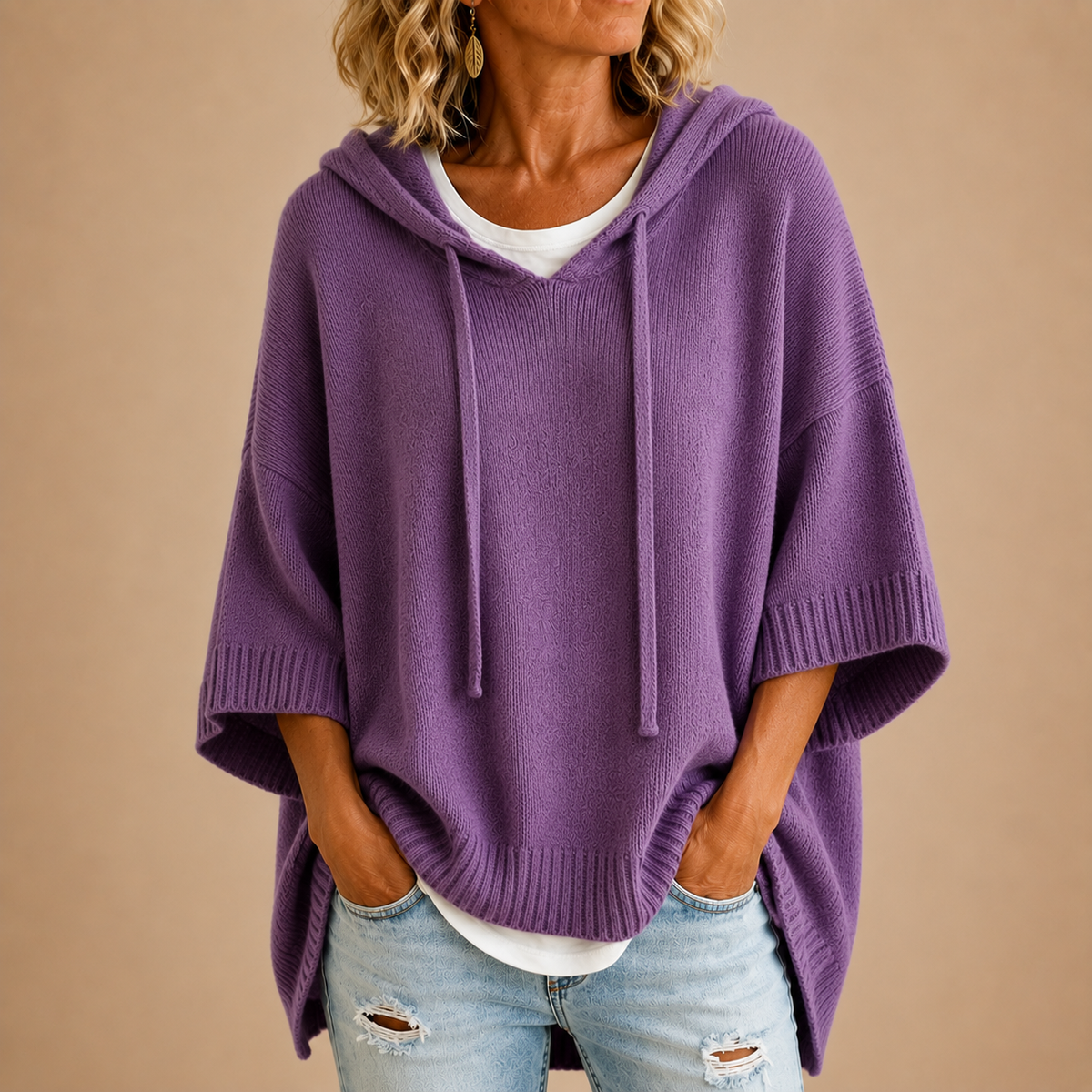 Oversized Gebreide Hoodie Voor Dames Met Capuchon En Korte Mouwen