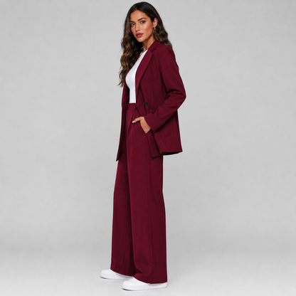 Getailleerde Dames Pak Set Met Blazer En Wijde Pantalon