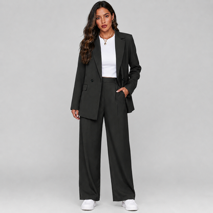Getailleerde Dames Pak Set Met Blazer En Wijde Pantalon