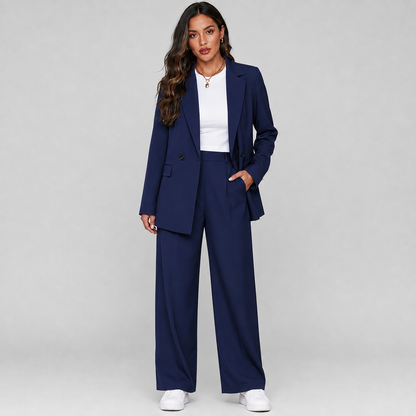 Getailleerde Dames Pak Set Met Blazer En Wijde Pantalon
