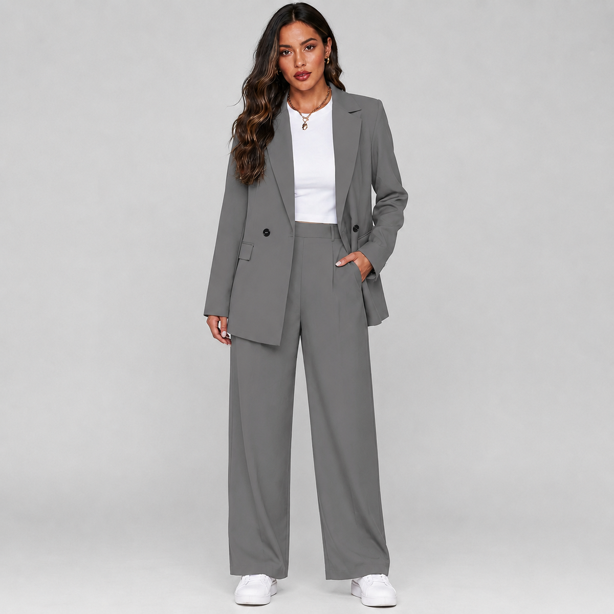 Getailleerde Dames Pak Set Met Blazer En Wijde Pantalon