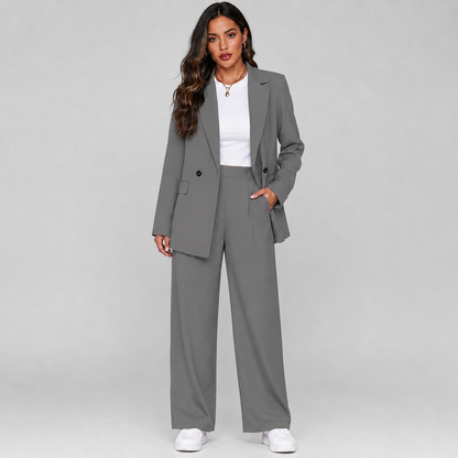 Getailleerde Dames Pak Set Met Blazer En Wijde Pantalon