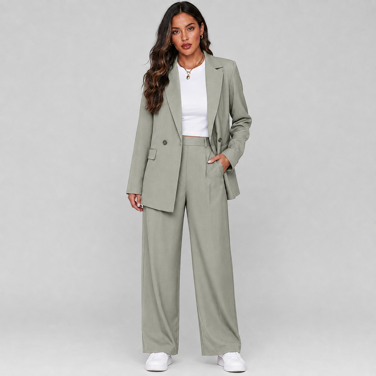 Getailleerde Dames Pak Set Met Blazer En Wijde Pantalon