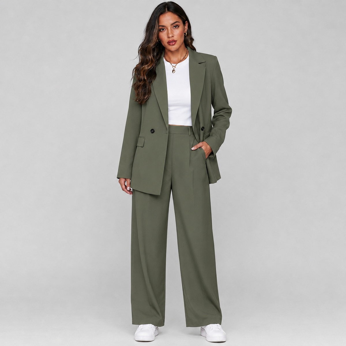 Getailleerde Dames Pak Set Met Blazer En Wijde Pantalon