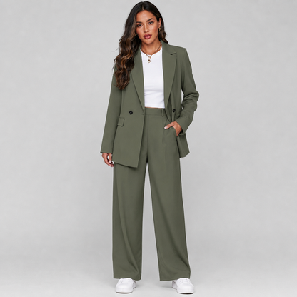 Getailleerde Dames Pak Set Met Blazer En Wijde Pantalon