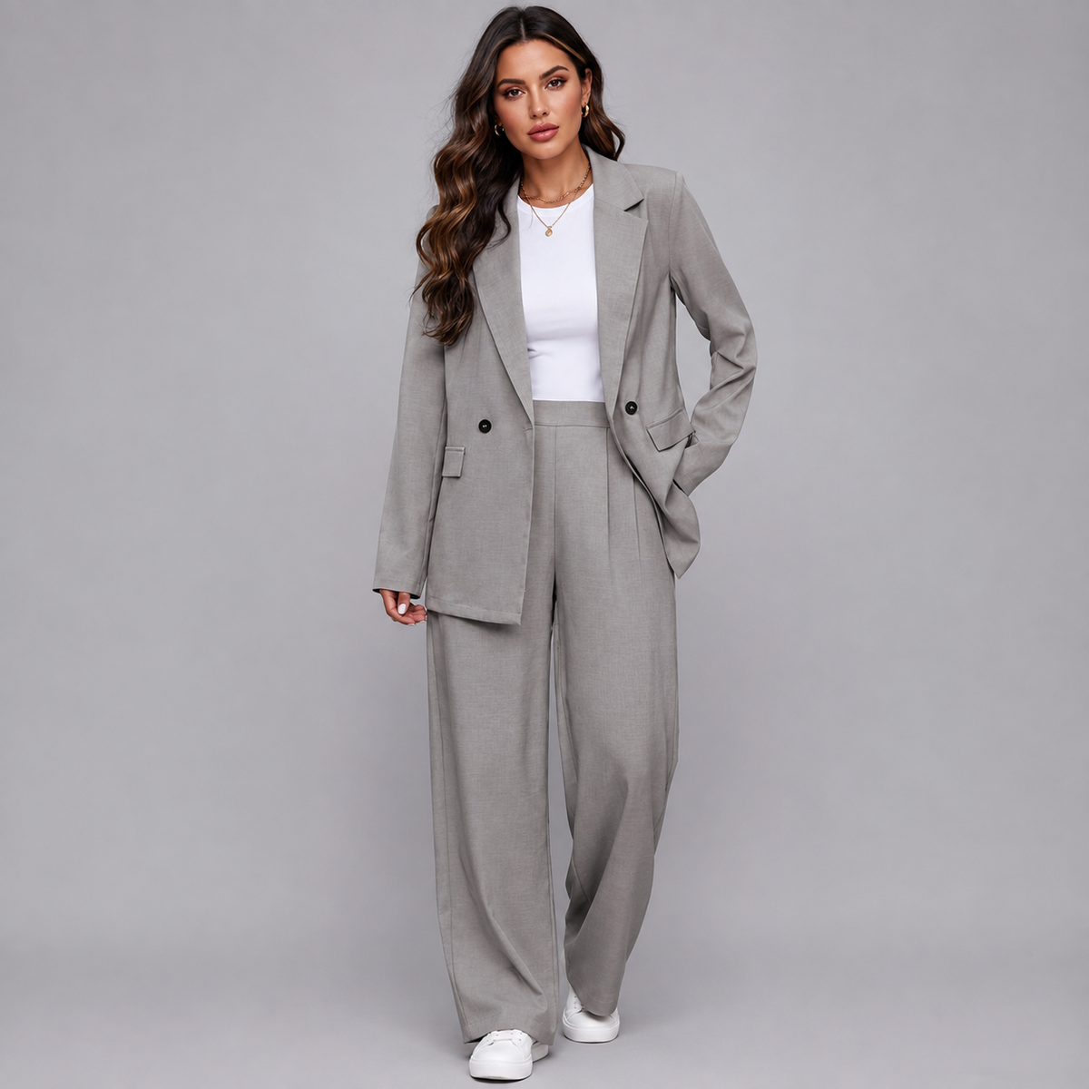 Getailleerde Dames Pak Set Met Blazer En Wijde Pantalon