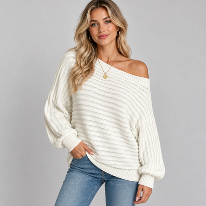 Gebreide Dames Trui Met Off-Shoulder Halslijn En Lange Mouwen