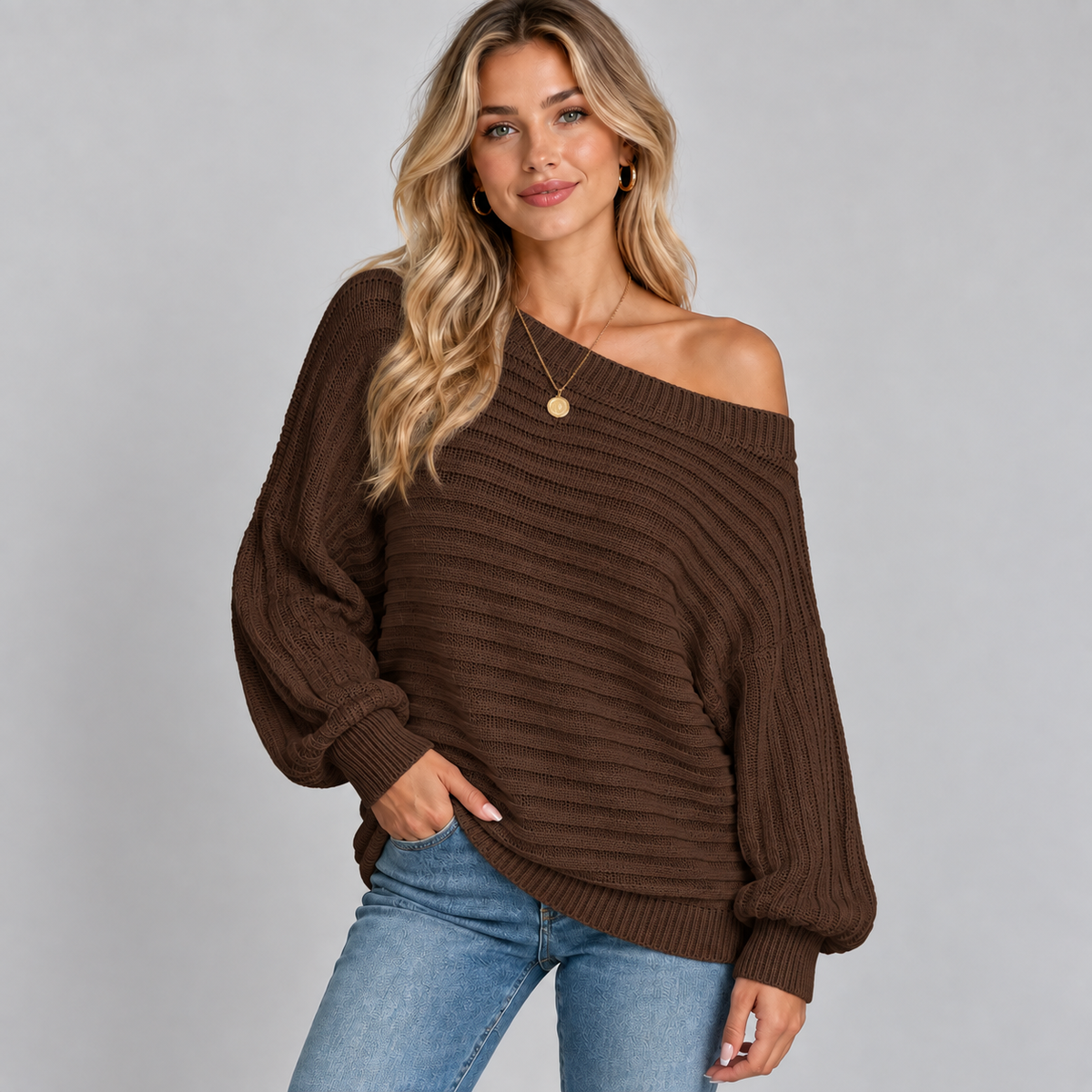 Gebreide Dames Trui Met Off-Shoulder Halslijn En Lange Mouwen