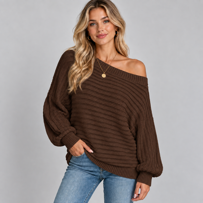Gebreide Dames Trui Met Off-Shoulder Halslijn En Lange Mouwen