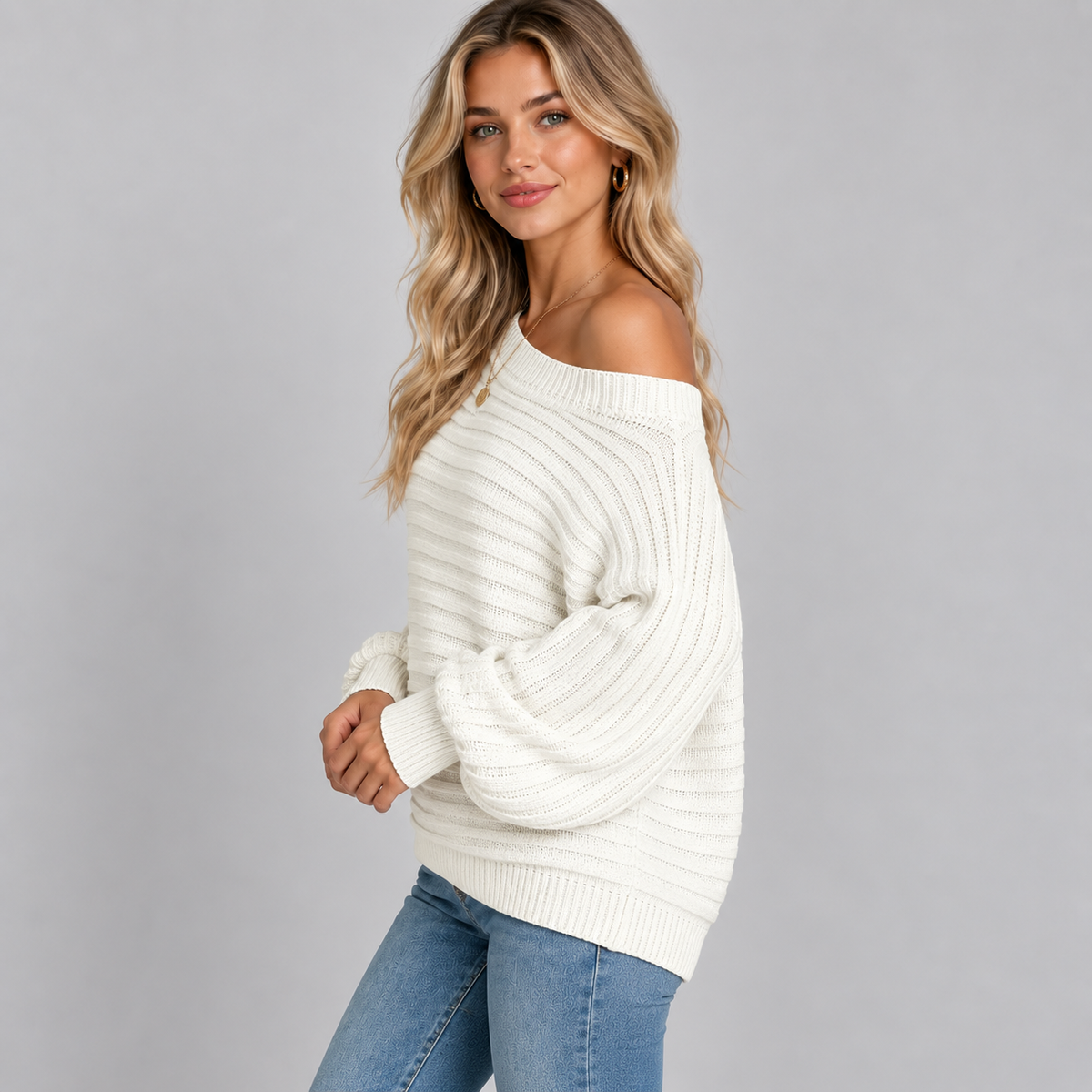 Gebreide Dames Trui Met Off-Shoulder Halslijn En Lange Mouwen