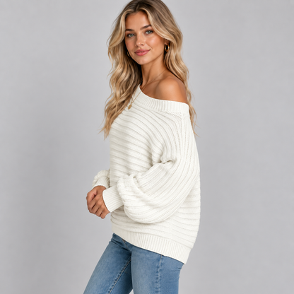 Gebreide Dames Trui Met Off-Shoulder Halslijn En Lange Mouwen