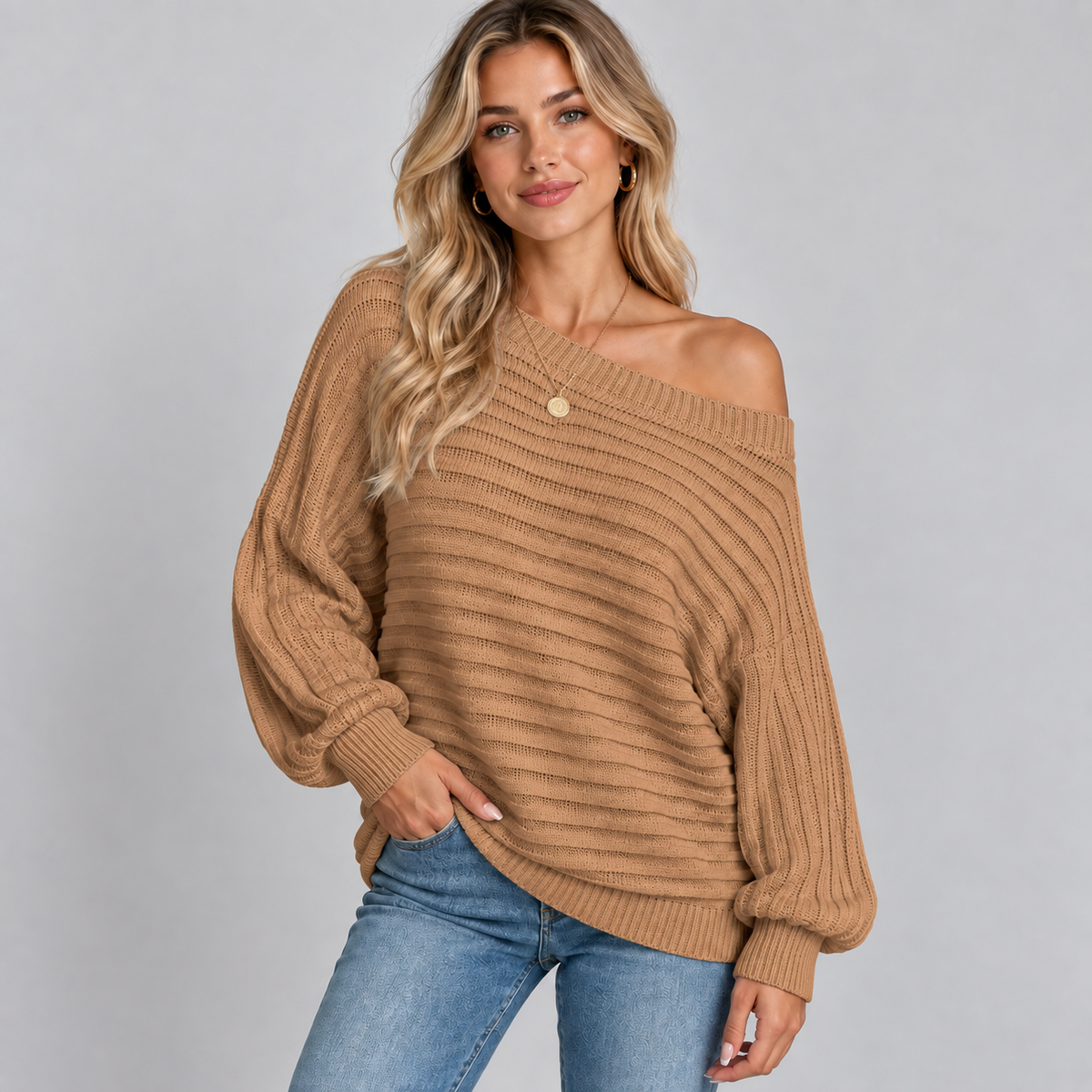 Gebreide Dames Trui Met Off-Shoulder Halslijn En Lange Mouwen