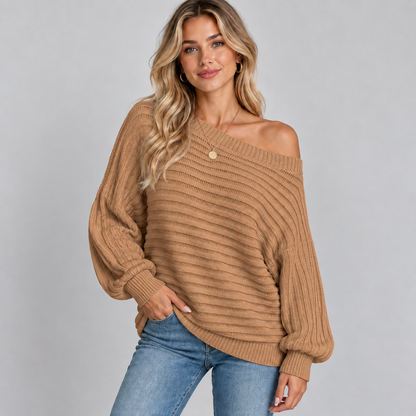 Gebreide Dames Trui Met Off-Shoulder Halslijn En Lange Mouwen